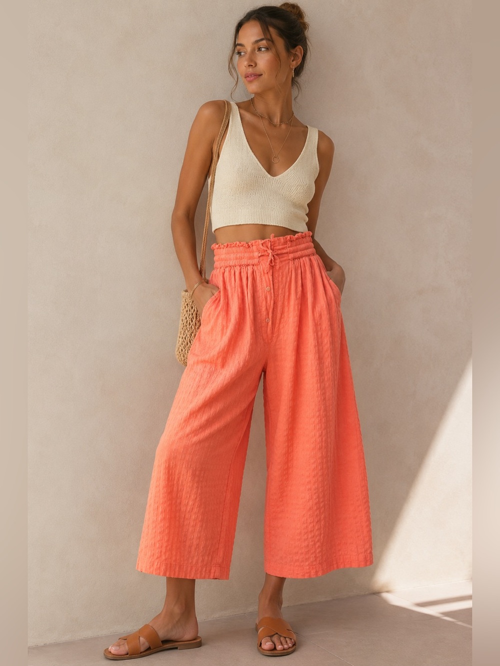 Anthropologie Coral Textured Wide Leg Cropped Pull On Pants Small Boho